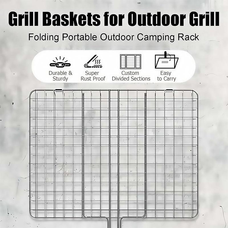 Portable BBQ Grill Basket Folding Fish Vegetable Grilling Basket Stainless Steel Grill Basket for Camping Picnics JT455