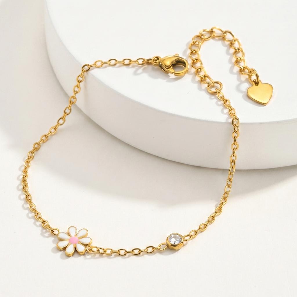 Minimalist Enamel Daisy Flower Bracelet, 18K Gold Plated Stainless Steel, Waterproof Dainty CZ Charm Jewelry Gift