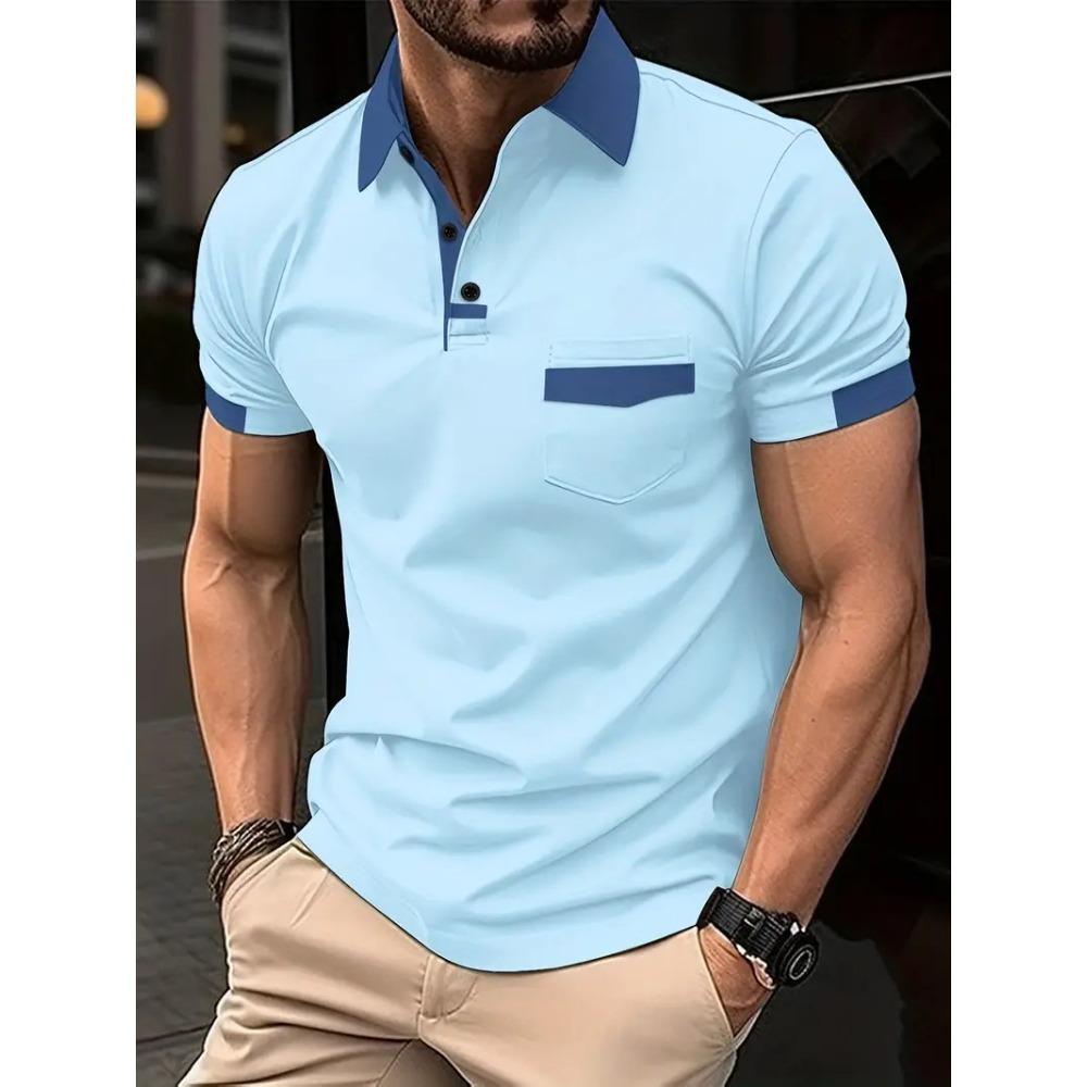 Men's Fashion T-Shirt: Colour-blocked Pocket Polo Shirt – New Relaxed-Fit Sports Top