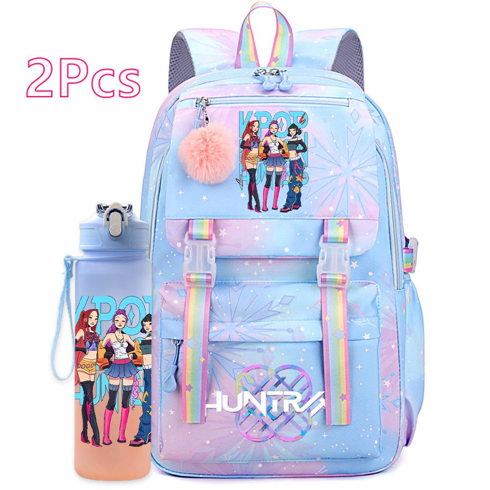 2 ks/sada Roztomilý Anime Kpop Potištěný Batoh s 750ml Lahví na Vodu Cestovní Taška s Velkou Kapacitou pro Dívku Teenagera Chlapce Školní Taška Dětský Dárek Mochila