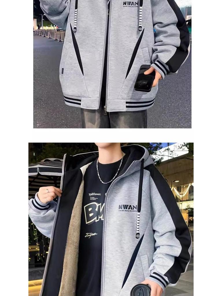 Men's Winter Fleece-Lined Hooded Baseball Jacket - Loose Fit, Plus Size Trend.