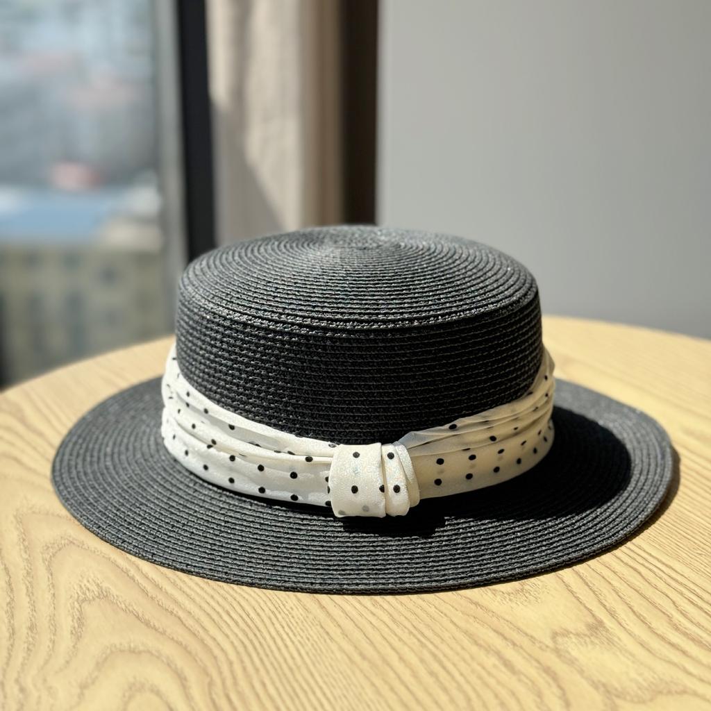 New Polka Dot Bow Flat Top Straw Hat for Women Korean Version Seasonal Seaside Travel and Vacation Beach Hat Trend