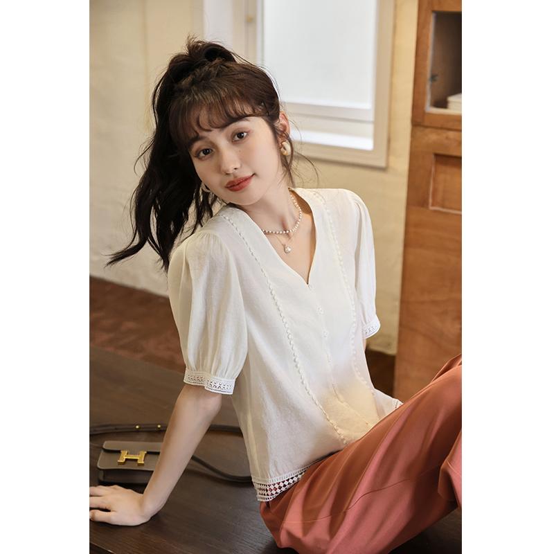 

Кружевная рубашка Mishow для женщин, летняя элегантная французская винтажная блузка с пышными рукавами, базовая блузка с v-образным вырезом, женская одежда MXB29X0313 M