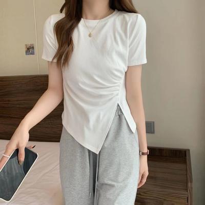 T-shirt Irregolare da Donna In Estate Nuovo Stile Coreano Chiusura in Vita e Snellente Spacco Laterale T-shirt Top Francese