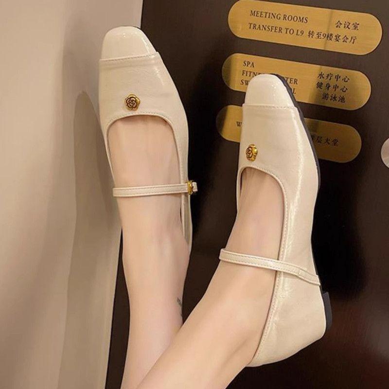 Retro camellia square head inner height increase word belt Mary Jane shoes women's spring 2025 new commuter single shoes evening shoes