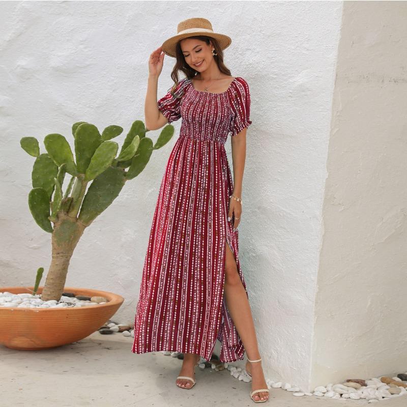 Women's Spring/summer Print Split Waist Dress One-line Shoulder Short-sleeved Holiday Casual Dress