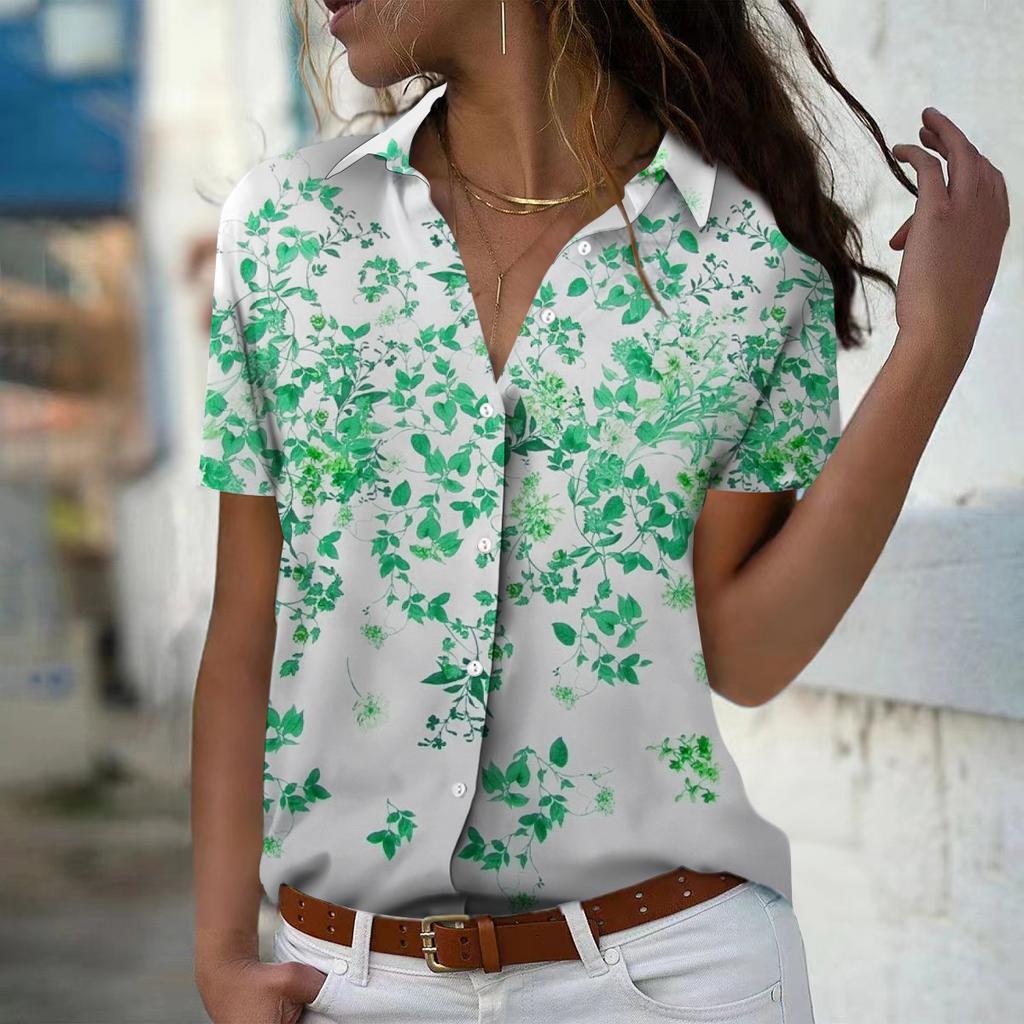 2025 Summer New Fashion Women's Flower Printed Short Sleeve V-neck Casual Button-down Shirt Top