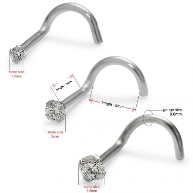 Bijuterie piercing la nas din aur alb masiv de 14k, împodobită cu un zirconiu cubic rotund de 2,5 mm, brodat de 4 dinte.