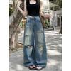 Retro Ripped Wide-Legged Denim Women's Summer American High Street Straight-Leg Pants Stylish High Waist Pants Mop Trousers