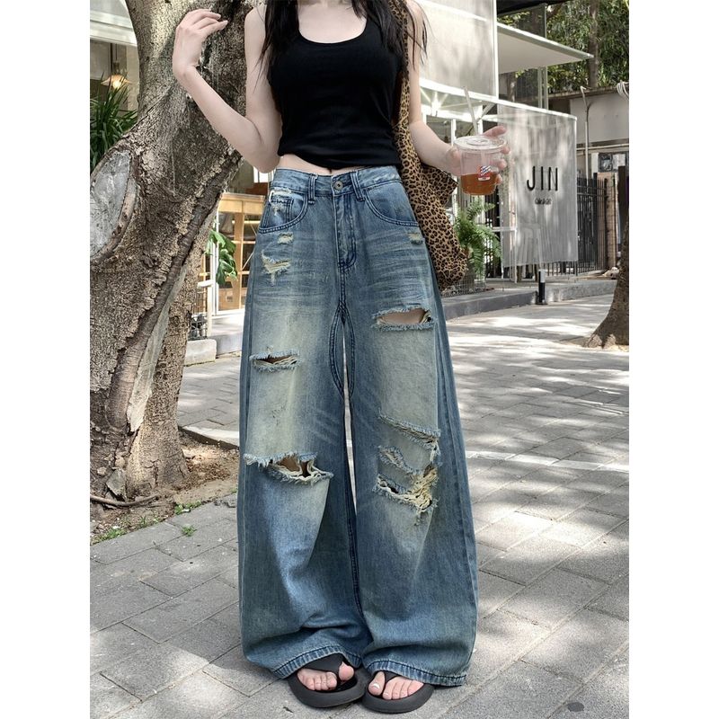 Retro Ripped Wide-Legged Denim Women's Summer American High Street Straight-Leg Pants Stylish High Waist Pants Mop Trousers