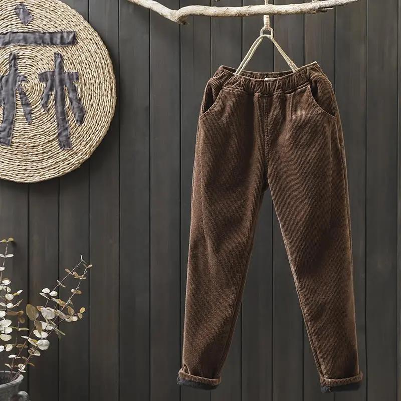 Women's Autumn and Winter Literary Retro Causal Padded Warm Pants Solid Color High Waist Elastic Harlem Pants