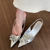 Handmade~ Flower Silver Kitten Heel Sandals Women's Backstrap Versatile Pointed Temperament French Low Heel Shoes