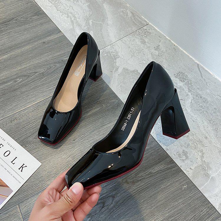 Korean Style Patent Leather Square Toe Women's High Heels with Thick Heels for 2024