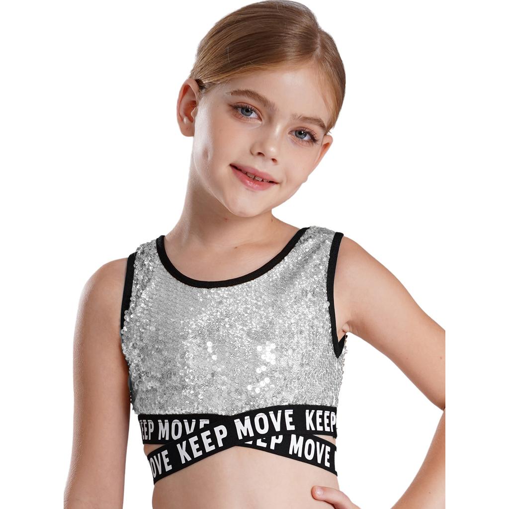 Mädchen Glitzernde Pailletten Crop Top Ärmellos Rundhalsausschnitt Überkreuzte Taille Hip Hop Dance Performance Wear