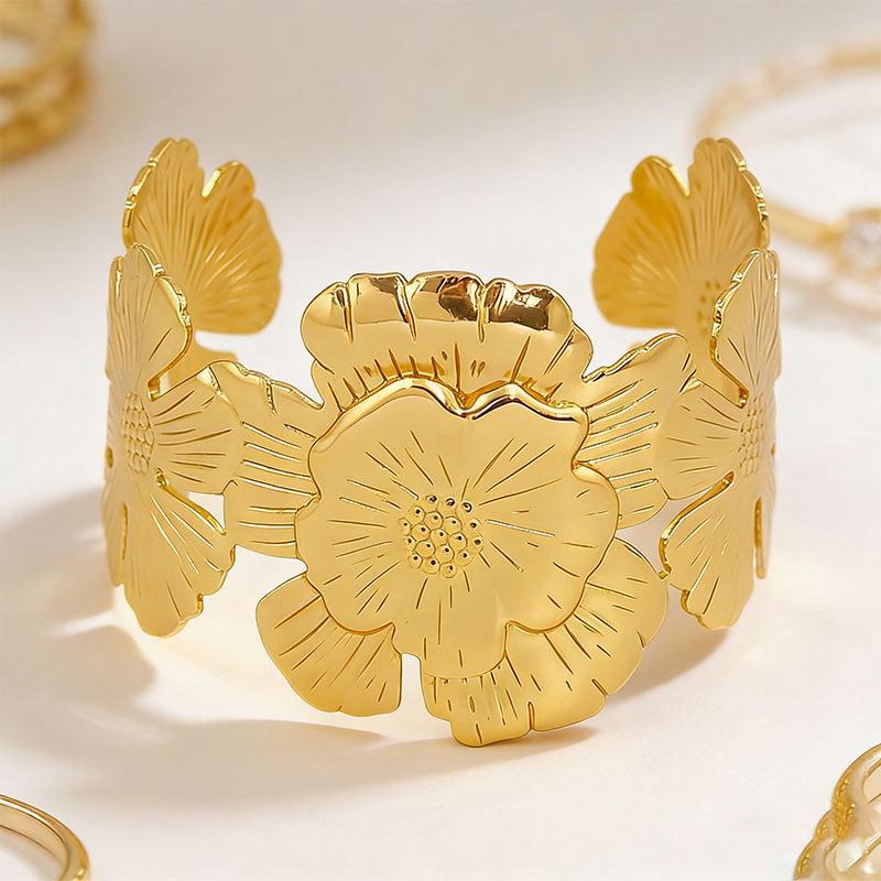 Gold Metal Open Bangle with Large Floral Design - High-End Women's Statement Jewelry