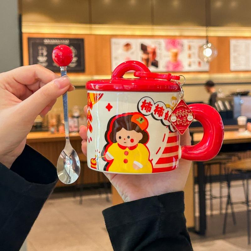 High-value Cute Festive Boys and Girls Drinking Cup Couple Ceramic Mug with Lid Spoon for Girls' Birthday Gifts