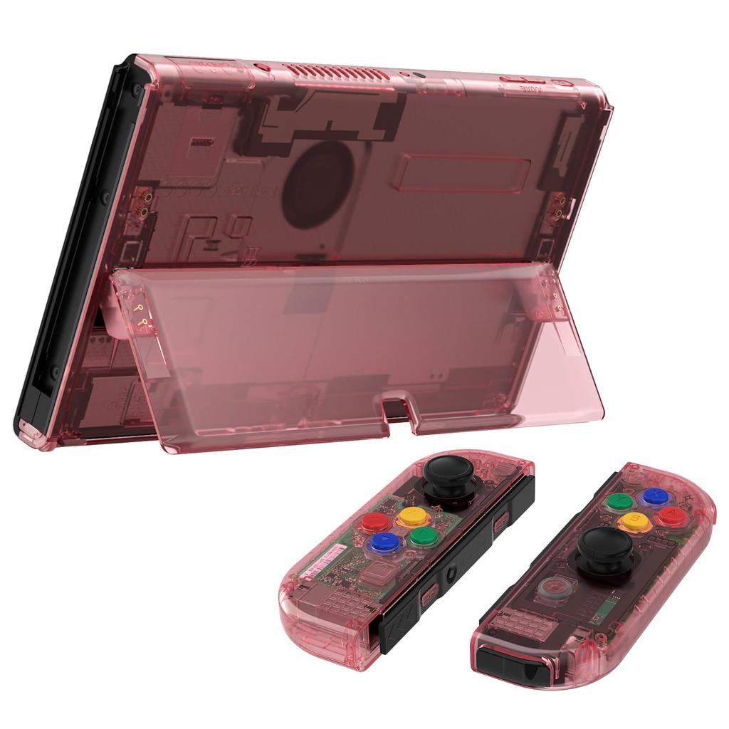 eXtremeRate Switch OLED Clear Backplate PC Back Compatible with Switch Handheld Includes Kickstand and Full Button Set & Stand, Joy-Con Controllers,