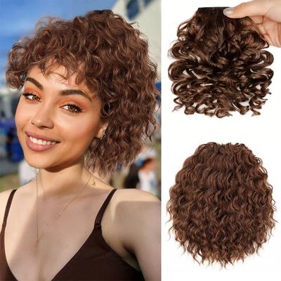 2PCS Synthetic Messy Bun Hair Piece Loose Wavy Curly Drawstring Ponytail And Clip In Curly Bangs For Women Daily Wear