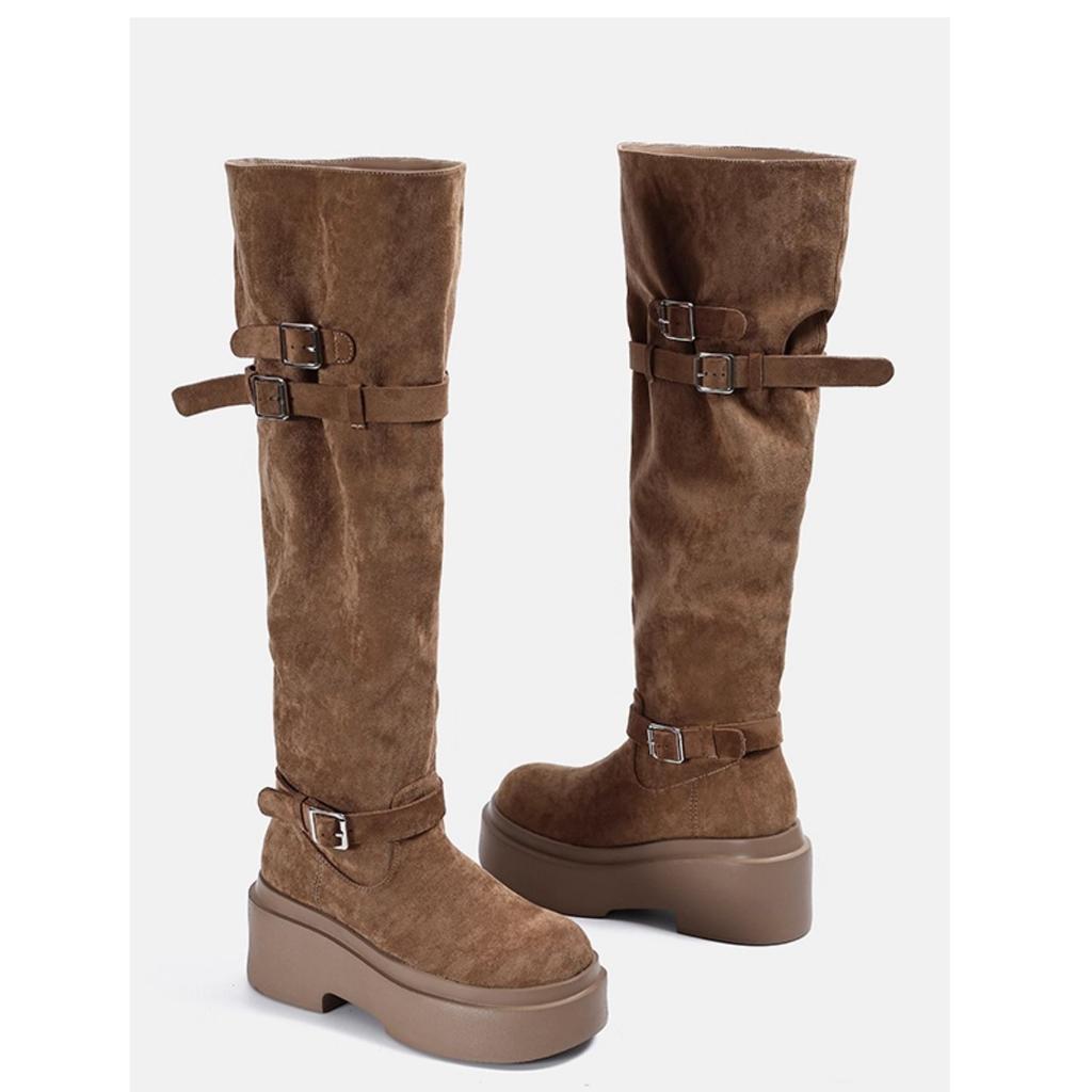 Retro round head thick-soled over-the-knee boots for women 2025 new large tube circumference pleated high boots belt buckle fashion boots for women