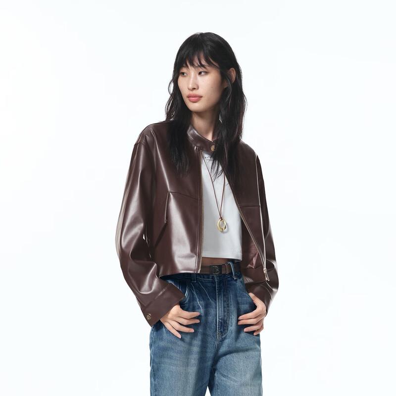 Women's Gold-Button Cropped Stand-Collar PU Biker Jacket