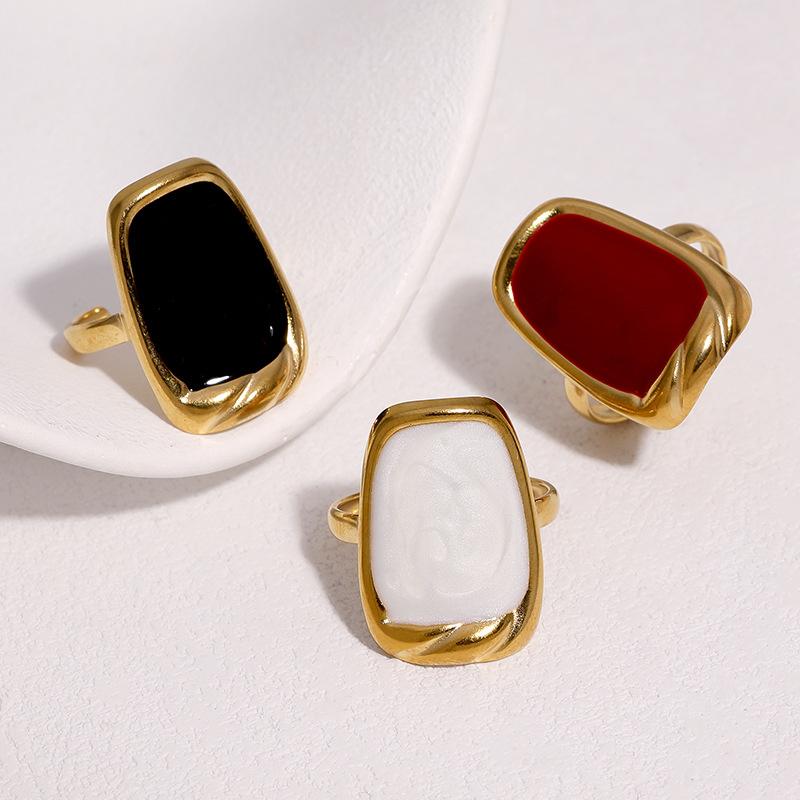 Stainless Steel Geometric Open Ring for Women Men Simple Vintage Enamel Irregular Finger Ring Exquisite Casual Versatile Jewelry