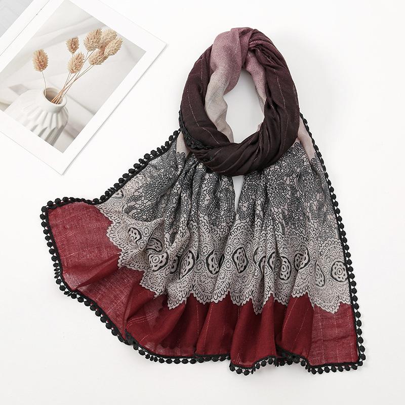 Winter Aztec Lace Floral Pom Pom Cotton Viscose Shawl Scarf Lady High Quality Wrap Pashmina Stole Bufandas Muslim Hijab 180*90Cm