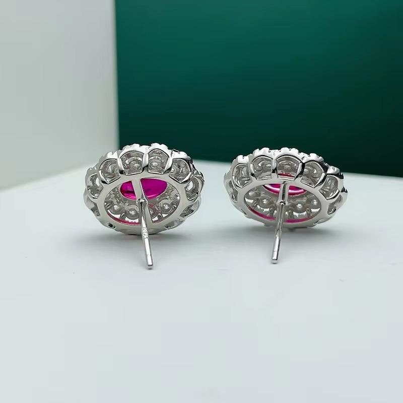 925 Sterling Silver Oval Ruby Cubic Zirconia Flower Stud Earrings Women  Accessories for Wedding Engagement  Lady's Jewelry Gift