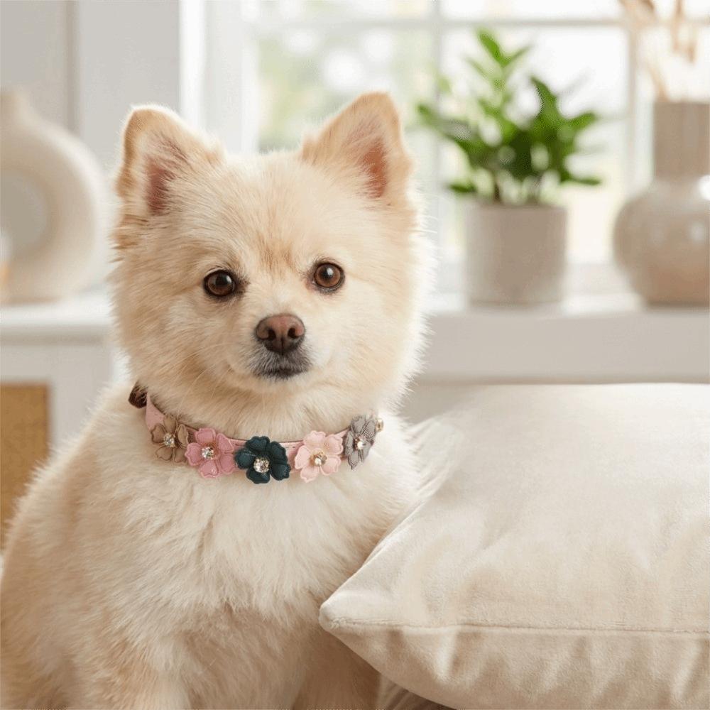 PU Leather Rhinestone Pet Neck Strap Rhinestone Decor Flower Ornament Flower Dog Neck Strap Soft Touch Adjustable