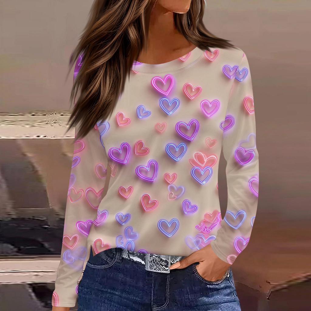 Women's Fashionable Long-Sleeved Round Neck Top with Slit Hem and Valentine's Day Heart Print