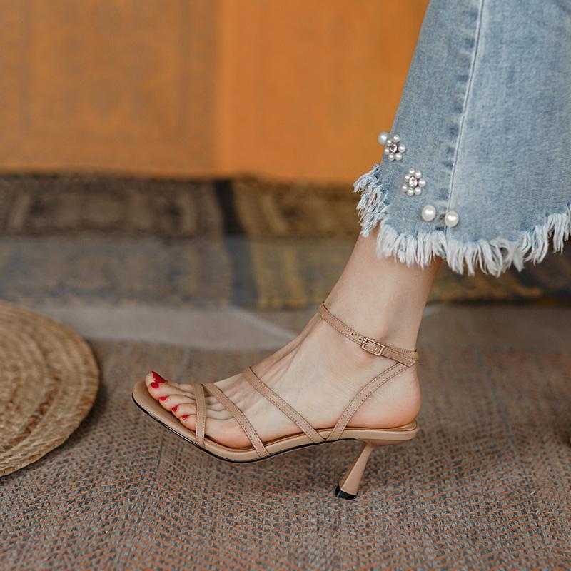 Fashion 2025 Summer Women Sandals Open Toe Thin Heel Women Shoes Elegant High Heels Genuine Leather Shoes for Women Party Shoes Stiletto