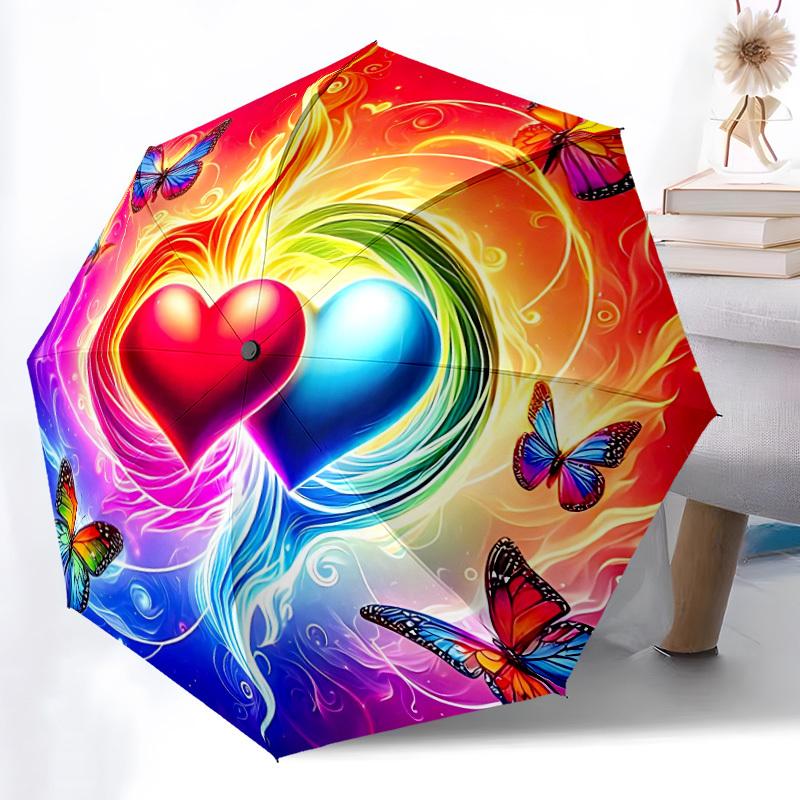 1pc Heart Butterfly Rainbow Automatic Opening and Closing Folding Umbrella with 8 Iron Ribs - Portable, Foldable for Travel Yy251124107