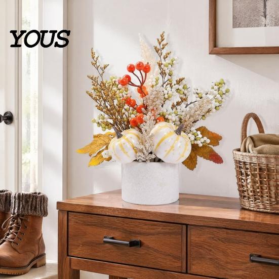 Small Potted Plant for Fireplace Fall Pumpkin Flower Arrangement, Artificial Maple Berry Halloween Indoor Decoration Thanksgiving, Harvest Home