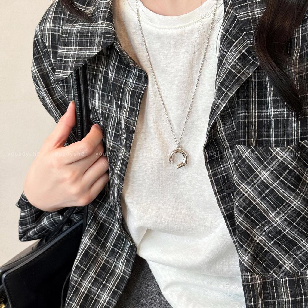 Koreanische Silber Geometrischer Anhänger Lange Halskette - Vielseitige Alltags-Pulloverkette für Frauen