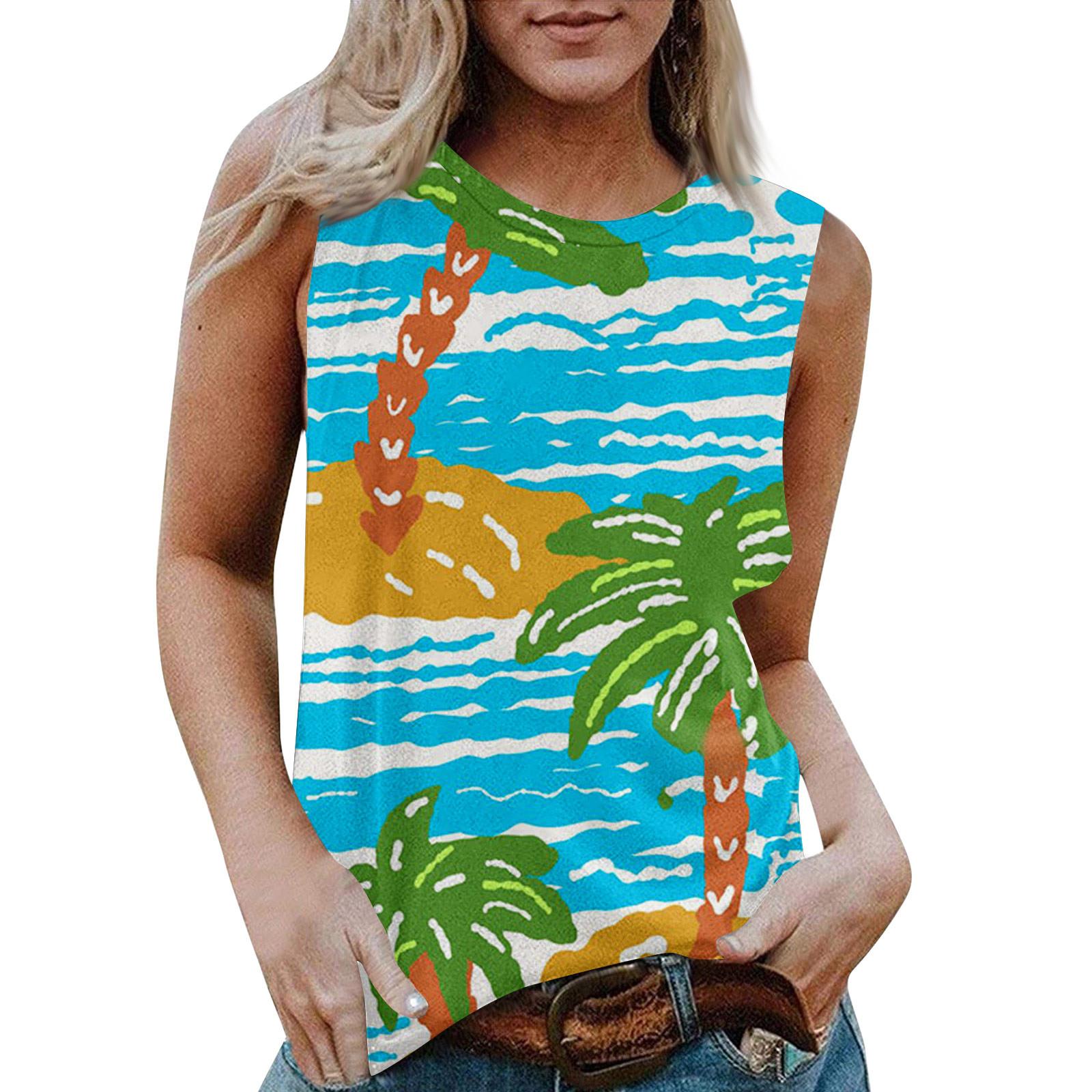 

Женская повседневная футболка без рукавов с круглым вырезом и гавайским принтом XL циан