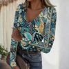 Women's Casual V-Neck Ribbed Long Sleeve Top with Leopard and Polka Dot Print for Everyday Wear