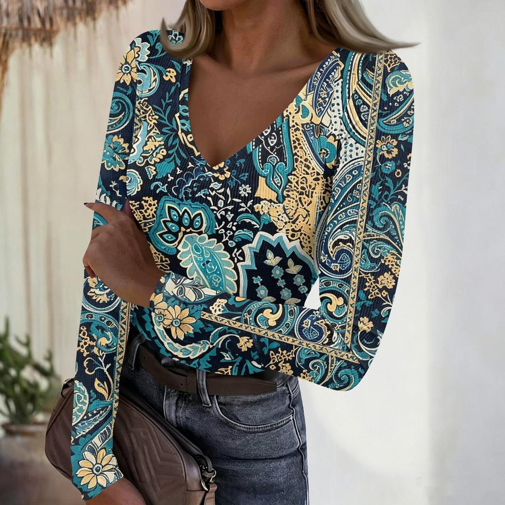 Women's Casual V-Neck Ribbed Long Sleeve Top with Leopard and Polka Dot Print for Everyday Wear