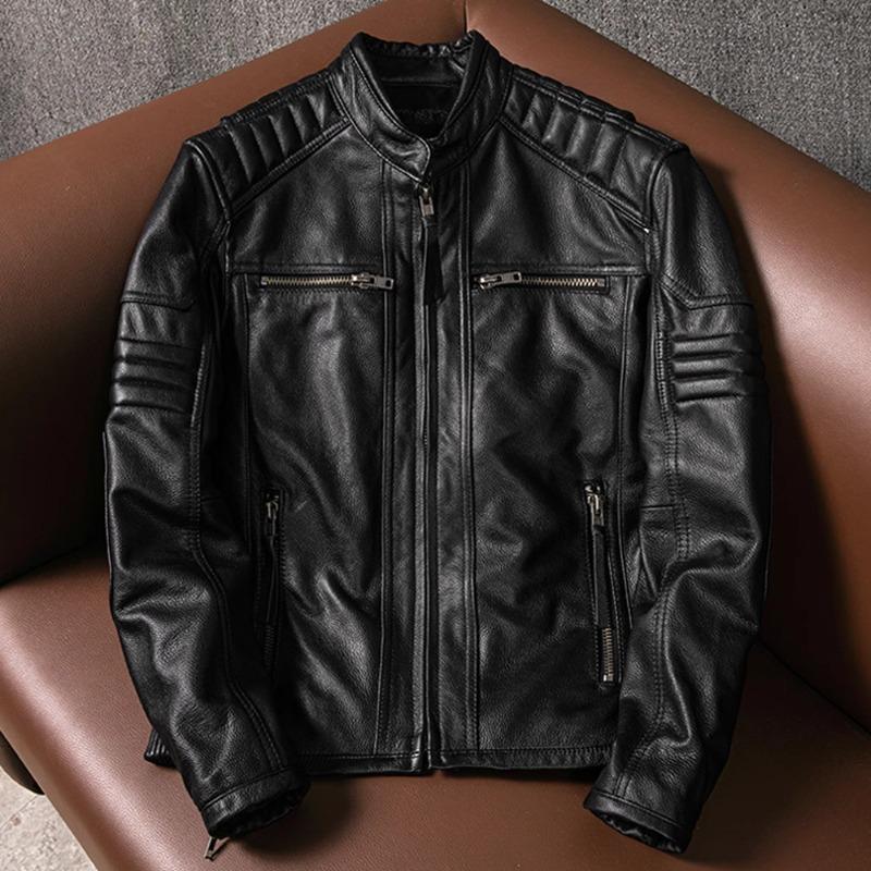 Heavy Motorcycle Jacket Short Fashion Slim Fit Genuine Leather Biker Coat Large Size Autumn Outerwear