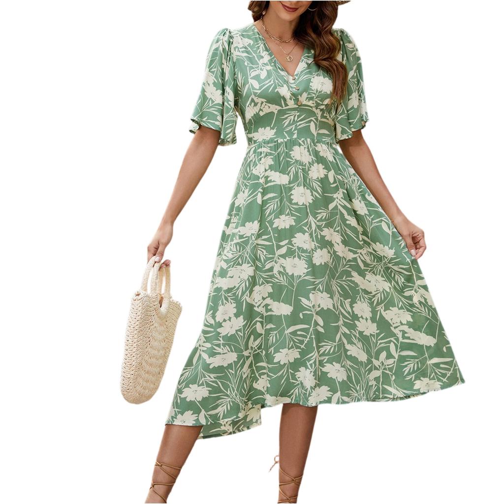Women's Casual Printed V-Neck Short Sleeved Waist Dress Bohemian Beach Skirt Beach Skirt