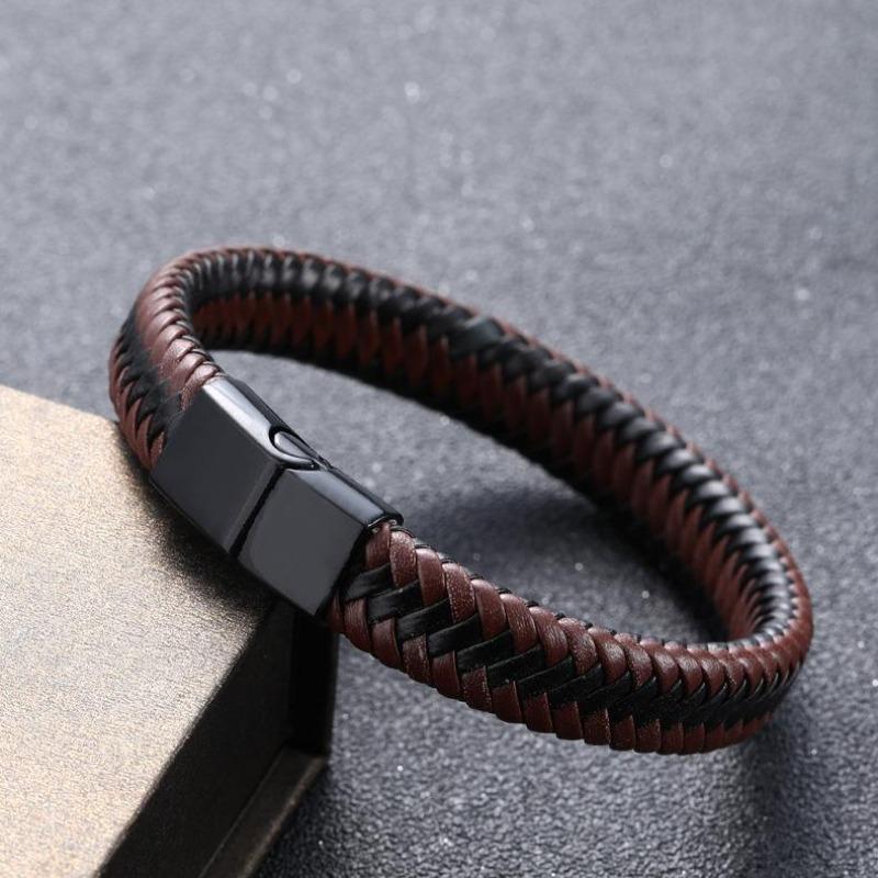 Bracelet en cuir tressé noir pour hommes, Bracelet infini en métal, fermoir magnétique, manchette, cadeau d'anniversaire
