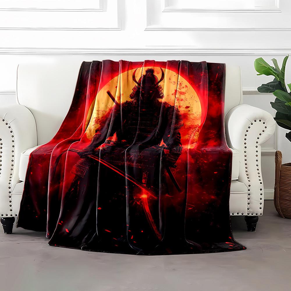 Samurai Under Blood Moon Flannel Printed Blanket Suitable for All Seasons Suitable for Living Room Office Sofa and Travel