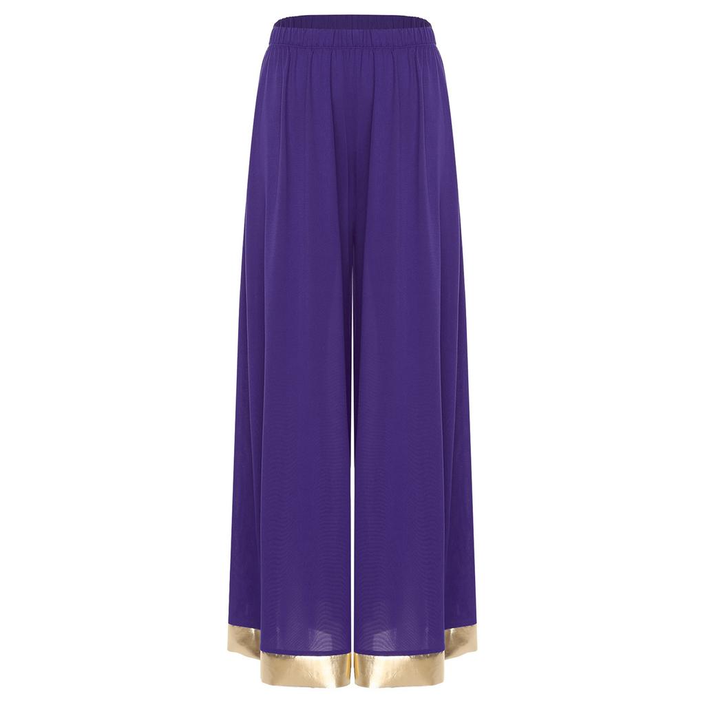 Womens Worship Praise Dance Pants Elastic Waist Metallic Shiny Trim Wide Leg Pants Loose Trousers
