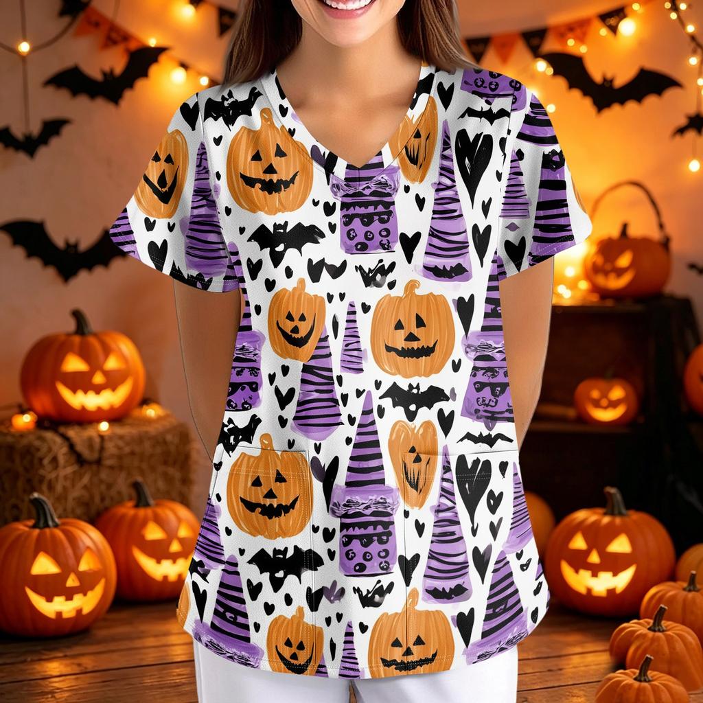 Women Halloween Print Loose Fit V Neck Short Sleeve Scrub Top Nurse Uniform with Pockets Suitable for Healthcare Professionals
