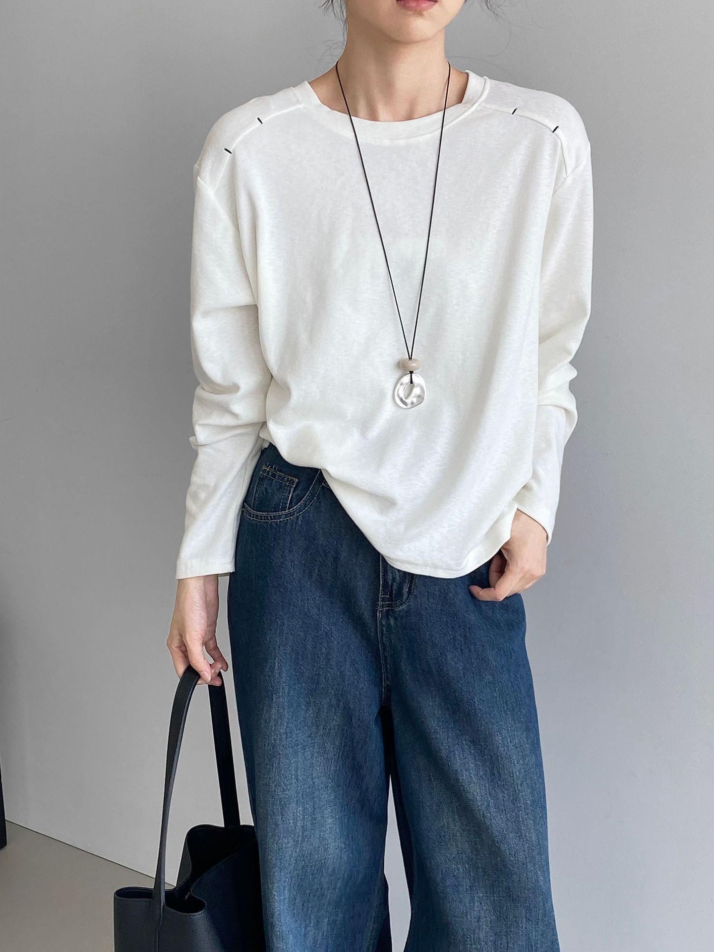 

Женская универсальная футболка с вышивкой в корейском стиле, с круглым вырезом и длинным рукавом - Удобный внутренний слой One Size белый