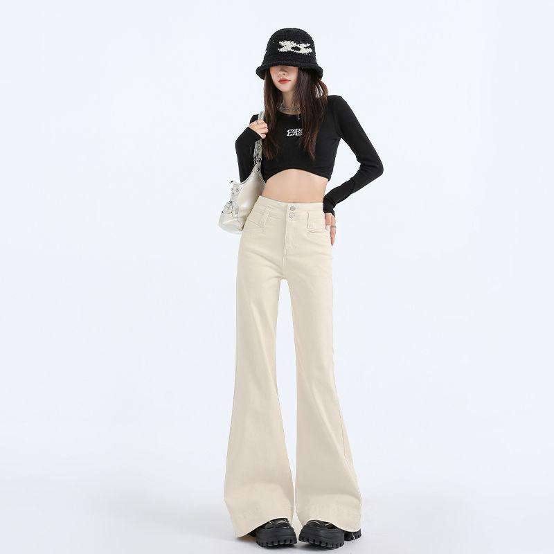 White High-Waisted Micro-Flare Women’s Jeans - Slimming & Loose Fit, Bell Bottom, Wide-Leg for Autumn/Winter 2024