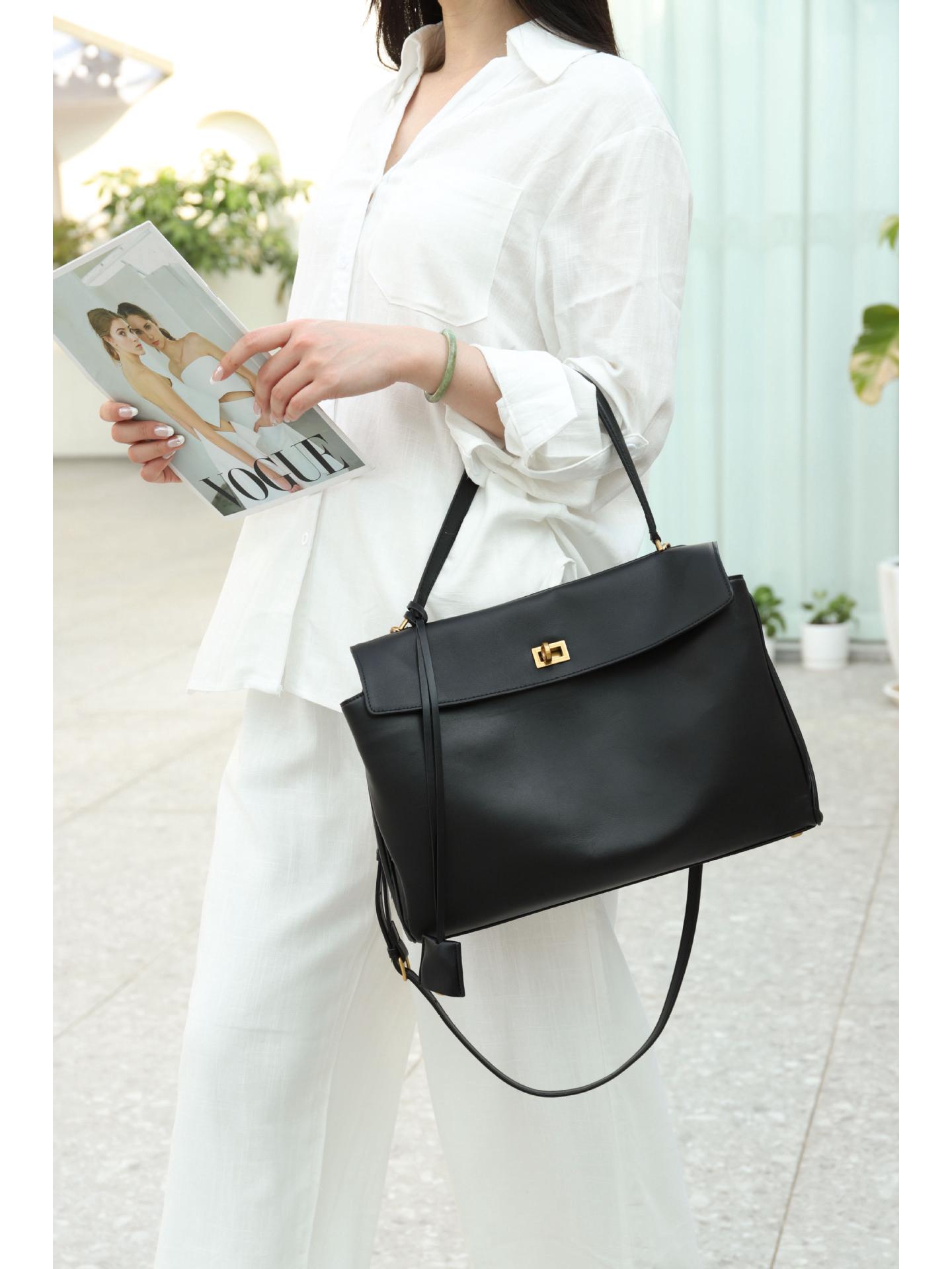 Paris Rodeo Kelly Large Capacity Commuter Handbag - Genuine Leather Women s Bag 36x11x22 cm чёрный