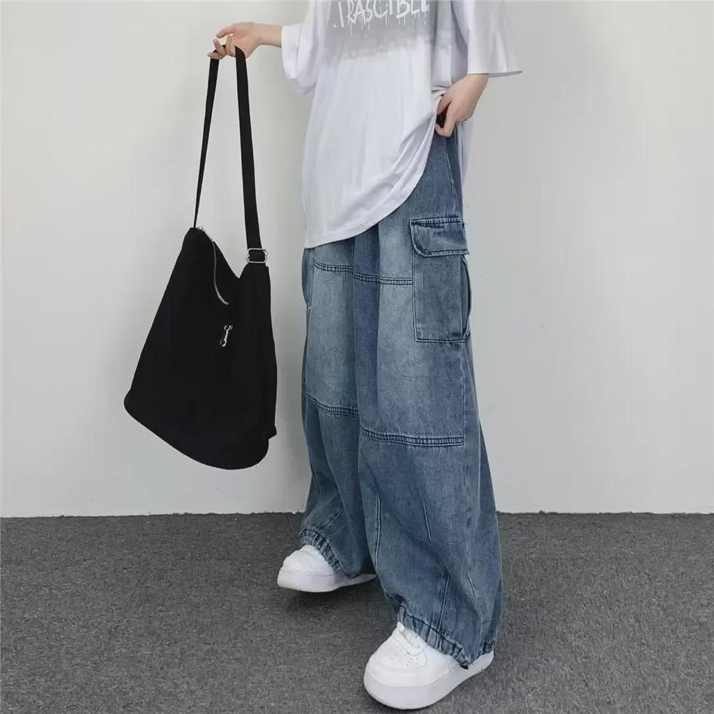 Trendy Japanese Wide-Leg Men's Overalls with Large Pockets - Summer Casual Loose-Fit Jeans
