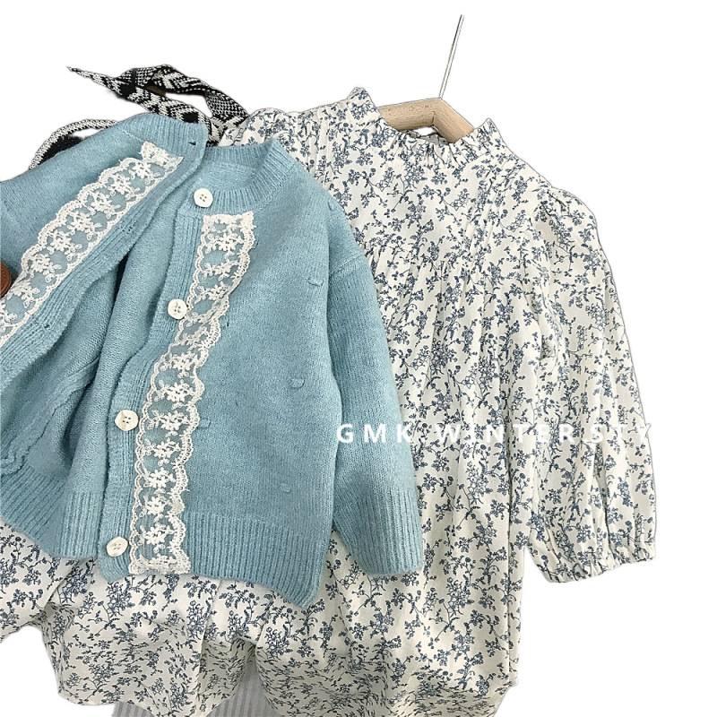 Ensemble Robe Florale d'Automne pour Filles Coréennes et Gilet à Bordure en Dentelle