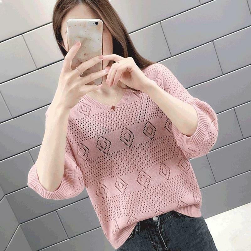 Spring and Summer V-neck Hollow Out Knitted Sweater for Women Loose Korean Version Bat Top for Women