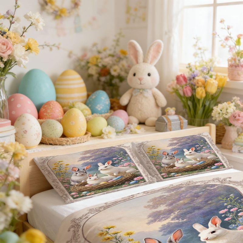 Bedding Pillowcase Quilt Cover 3-Piece Set,Rabbit And Colorful Egg Pattern,Easter Decoration