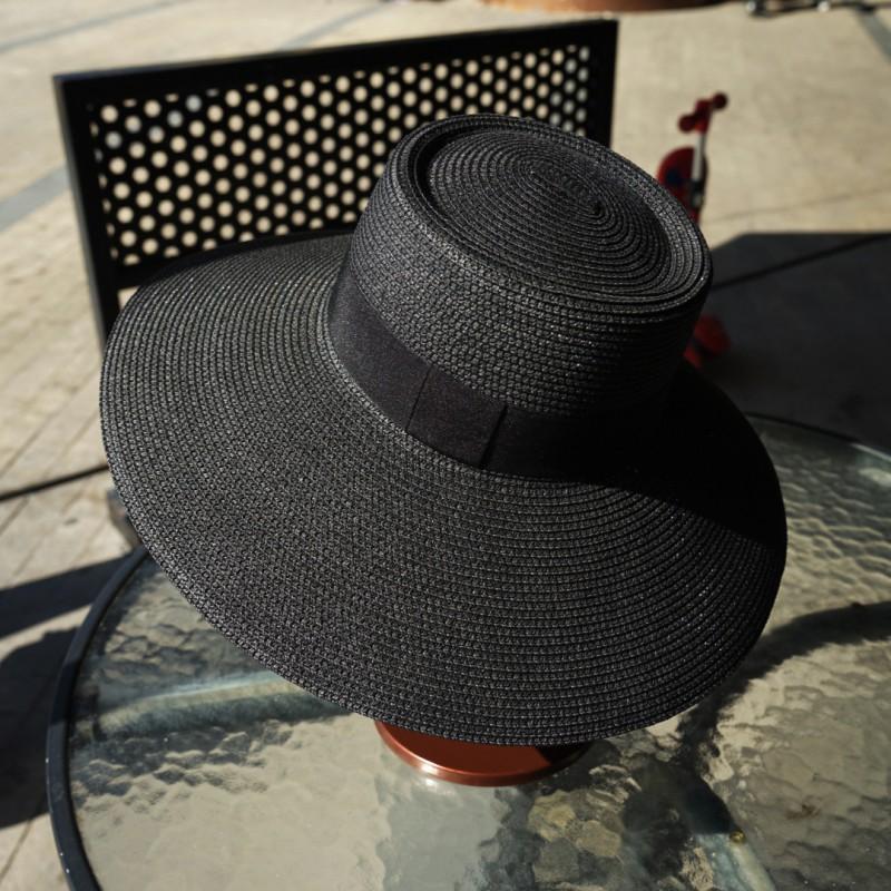 French Vintage Hepburn Style Black Wide Brim Floppy Sun Hat Women Beach Vacation UV Protection